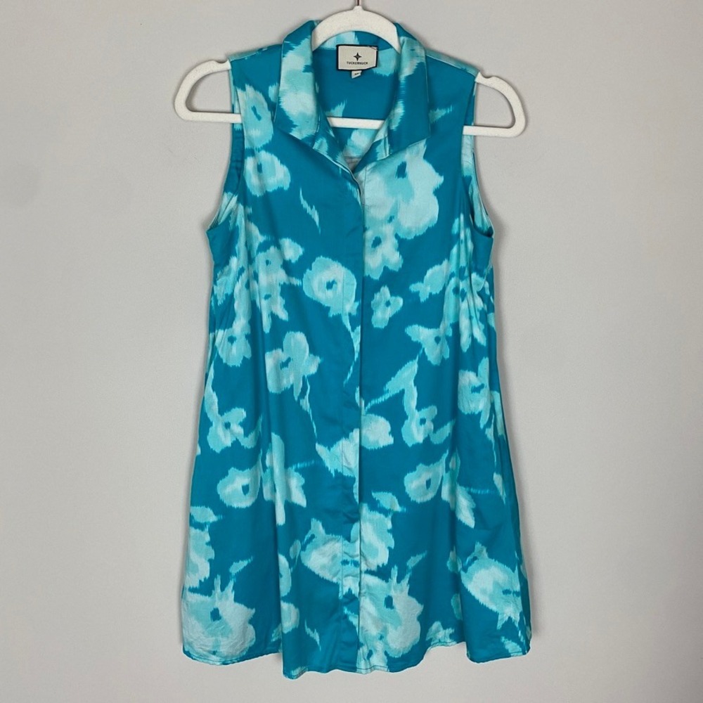 Tuckernuck Sleeveless Charlie Shirt Dress Teal Blue Floral Collared Button Up XS